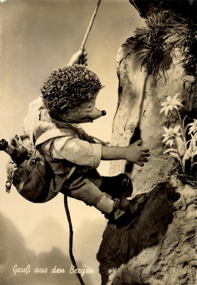 Ak Mecki der Igel, Gruß aus den Bergen, Bergklettern