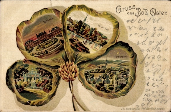 Kleeblatt Litho Bad Elster im Vogtland, Kurhaus, Luisa-See, Wandelbahn