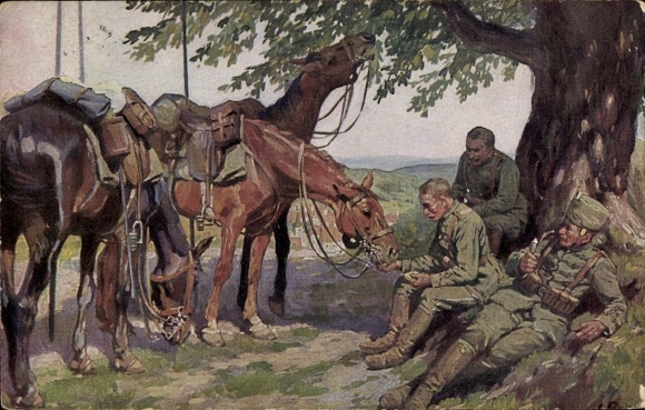 Künstler Ak Roloff, Treue Freunde, Kavallerie, Husaren, Rastende Soldaten mit Pferden, 1. WK