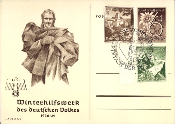 Ganzsachen Ak WHW 1938/1939 Januar, Frau mit Mänteln