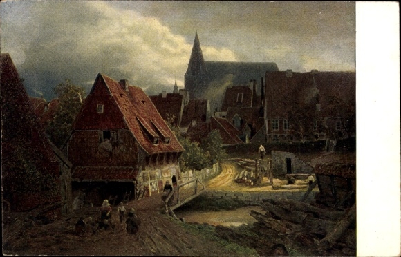 Künstler Ak Achenbach, Andreas, Hildesheim in Niedersachsen, Dorfpartie
