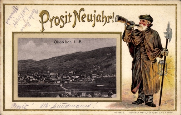 Präge Passepartout Ak Oberkirch im Renchtal Baden, Gesamtansicht, Neujahr, Nachtwächter