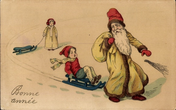 Ak Glückwunsch Neujahr, Weihnachtsmann, Kinder, Schlitten