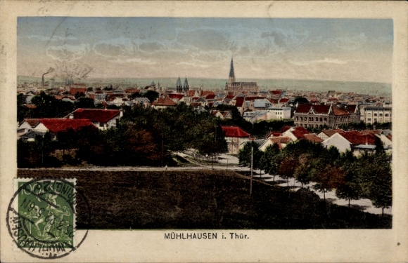 Ak Mühlhausen in Thüringen, Stadtansicht,  Häuser, Bäume, Kirchturm
