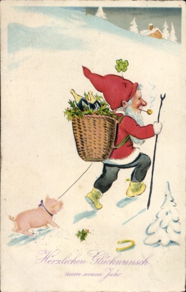 Ak Glückliches neues Jahr, Zwerg mit Schwein, Kiepe