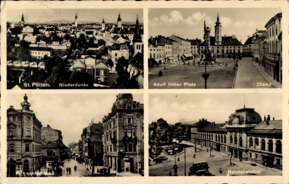 Ak St. Pölten Niederösterreich, Niederdonau, Adolf Hitler Platz, Kremserstraße, Reichsbahnhof