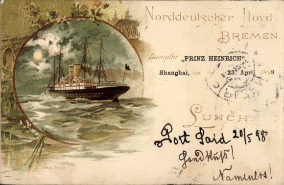 Litho Norddeutscher Lloyd Bremen, Dampfer Prinz Heinrich, Shanghai 23. April 1898