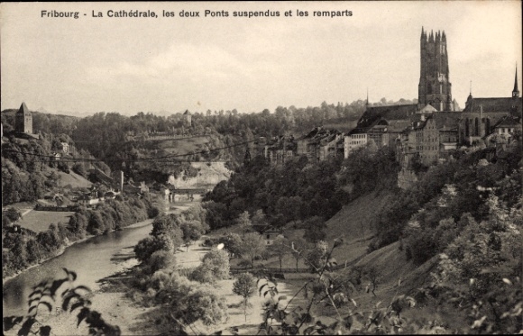 Ak Fribourg Freiburg Stadt Schweiz,  Kathedrale, zwei Hängebrücken, Stadtmauern