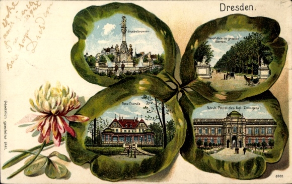 Präge Kleeblatt Litho Dresden Altstadt, Zwinger, Hauptallee Großer Garten, Brunnen