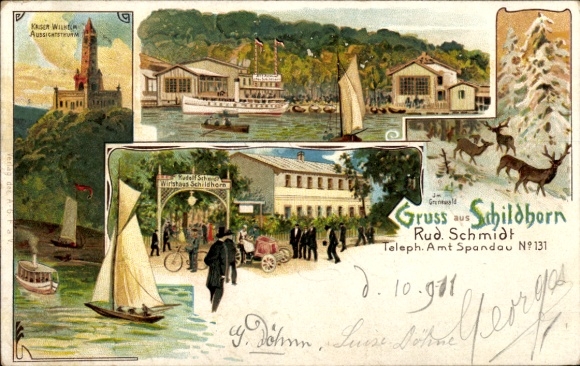 Litho Berlin Wilmersdorf Grunewald, Wirtshaus Schildhorn von Rud. Schmidt, Aussichtsturm, Boote