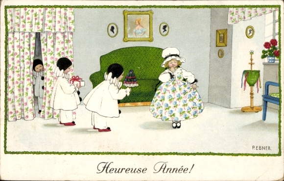 Künstler Ak Ebner, Pauli, Glückwunsch Neujahr, Mädchen, Harlekins mit Geschenken