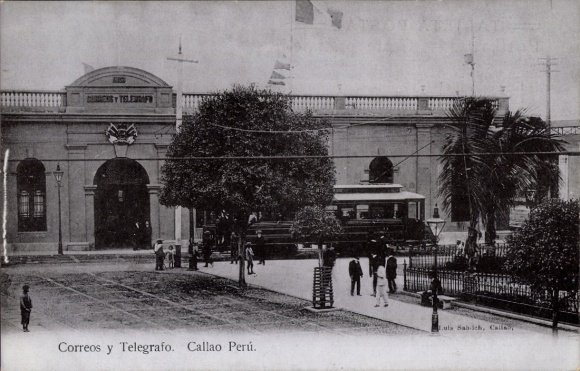 Ak Callao Peru, Correos y Telegrafo,  Straßenbahn, Menschen, Bäume