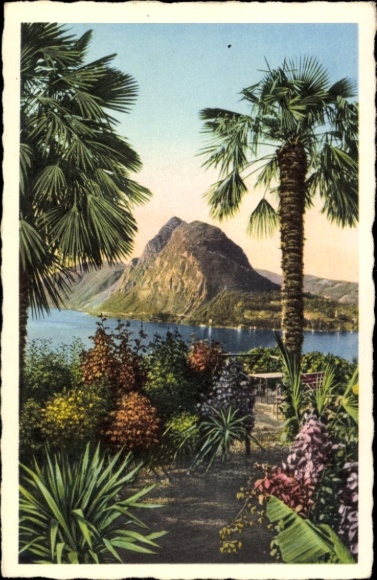 Ak Lugano Kanton Tessin Schweiz, Berg Monte S. Salvatore, Palmen, bunte Pflanzen, See