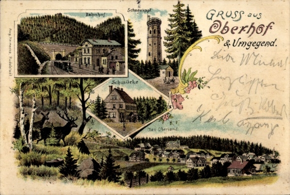 Ak Oberhof im Thüringer Wald, Schneekopf, Schmücke, Bahnhof