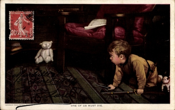 Künstler Ak Sigsbee, Mary, One of us must die, Junge, Spielzeuggewehr, Teddybär