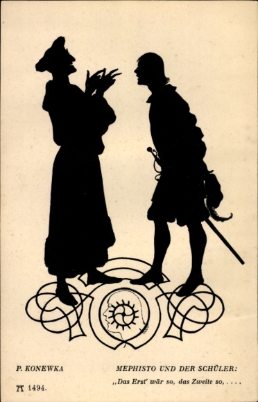 Scherenschnitt Künstler Ak Konewka, Paul, Mephisto und der Schüler