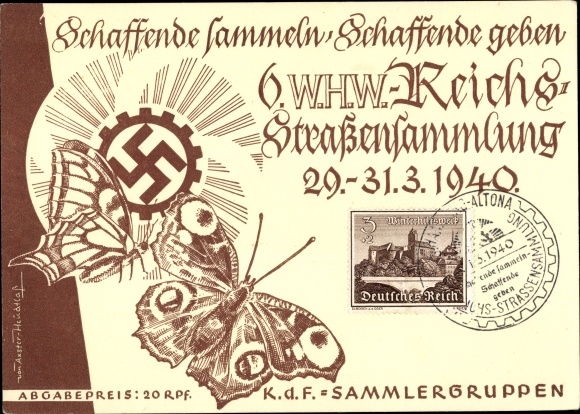 Künstler Ak Axster Heudtlaß, 6. WHW Reichsstraßensammlung 1940, KdF Sammlergruppen, Schmetterling