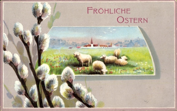 Präge Ak Glückwunsch Ostern, Lämmer auf der Wiese, Weidenkätzchen