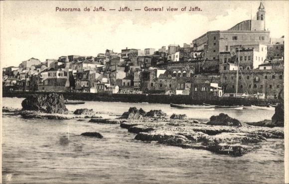 Ak Tel Aviv Jaffa Israel, Panorama von  Küstenansicht, Boote, Felsen