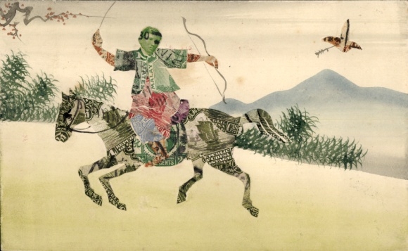 Briefmarken Ak Collage, Mann zu Pferde, China