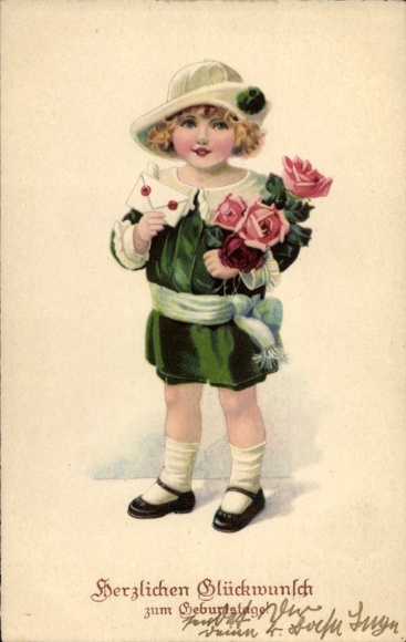 Litho Glückwunsch Geburtstag, Mädchen mit Rosen