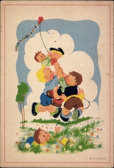 Künstler Ak Links, Karel L., Kinder lassen einen Drachen steigen