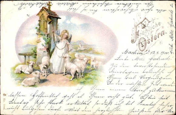 Litho Fröhliche Ostern, Engel mit Lämmern