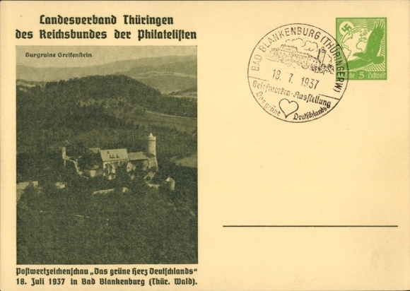 Ganzsachen Ak Bad Blankenburg, Greifenstein, Postwertzeichenschau Das grüne Herz Deutschlands 1937