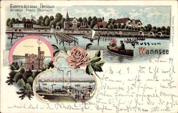 Litho Berlin Zehlendorf Wannsee, Schwedischer Pavillon, Dir. Franz Eberlein, Villa, Steg