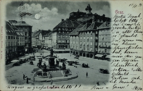 Mondschein Ak Graz Steiermark, Hauptplatz mit Denkmal, Marktstände, Geschäftshäuser