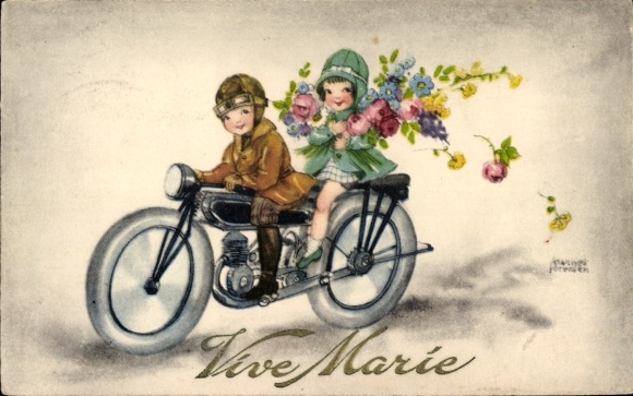 Künstler Ak Petersen, Hannes, Vive Marie, Motorrad, Beifahrer