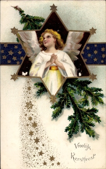 Präge Ak Frohe Weihnachten, Engel, Tannenzweig, Stern