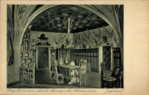 Ak Lauenstein Altenberg im Erzgebirge, Innenansicht, Jagdzimmer, antike Möbel, Jagdtrophäen