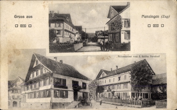 Ak Menzingen Kt. Zug Schweiz, Schreinerei J. Röllin Neudorf, Straßenpartie, Gasthaus