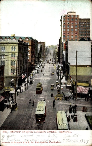 Ak Seattle Washington USA, Second Avenue mit Blick nach Norden, Straßenbahn