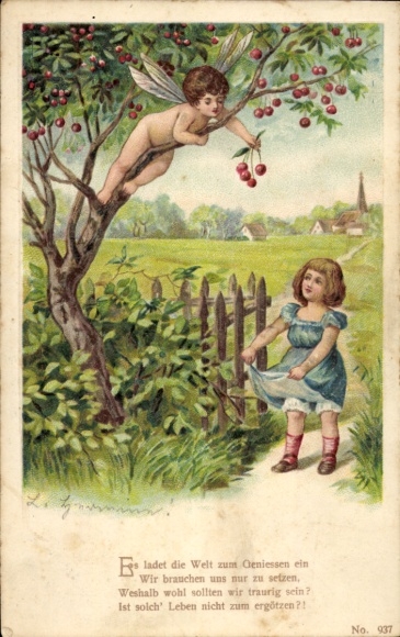 Präge Litho Glückwunsch Pfingsten, Mädchen, Glücksfee, Kirschen, Obstbaum