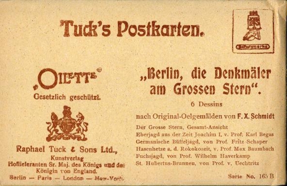 6 Künstler AK im Umschlag Berlin Tiergarten, Berlin die Denkmäler am Grossen Stern von F. X. Schmidt