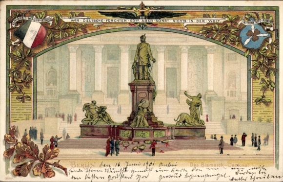 Präge Passepartout Litho Berlin Tiergarten, Bismarck-Denkmal, Wappen