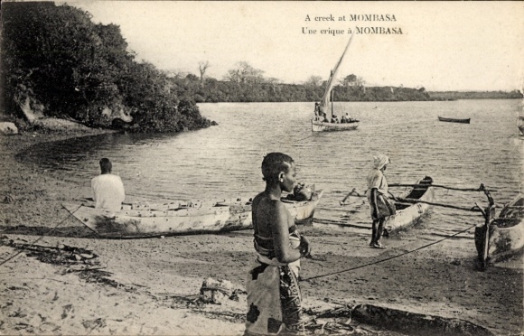 Ak Mombasa Kenia, Bach in  Fischer, Boote, Landschaft, Menschen