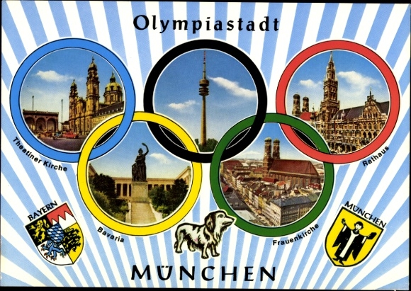 Ak München Bayern, Theatiner Kirche, Bavaria, Rathaus, Frauenkirche, Wappen, Funkturm