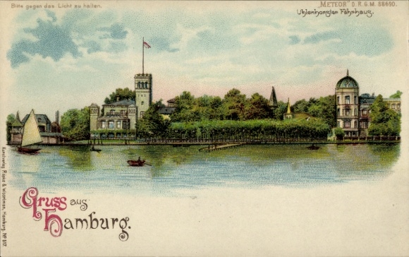 Ak Hamburg Nord Uhlenhorst, Uhlenhorster Fahnhaus, Hafenansicht, Segelboot, Landschaft, Gruss aus
