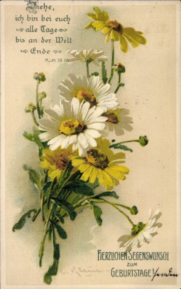 Künstler Ak Klein, C., Glückwunsch Geburtstag, Margeriten, Bibelzitat, Siehe, ich bin bei euch...