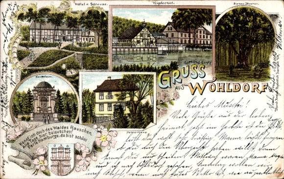 Litho Hamburg Wohldorf Ohlstedt, Hotel zur Schleuse, Kupferhof, Mausoleum, Herrenhaus, Siebenbuchen