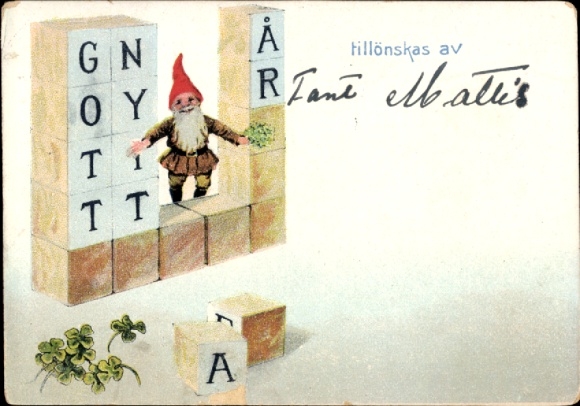 Künstler Ak Nyström, Jenny, Fröhliches Neujahr, Zwerg, Kleeblätter, Buchstabenwürfel
