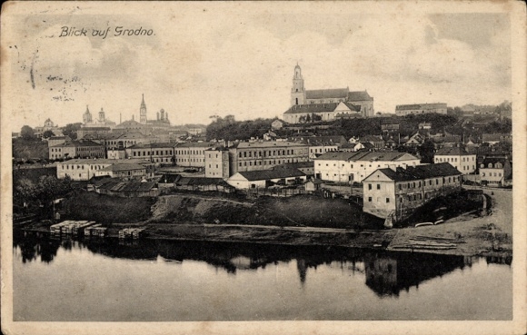 Ak Hrodna Grodno Weißrussland, Blick auf  Flussansicht,  Gebäude, keine Persönlichkeiten