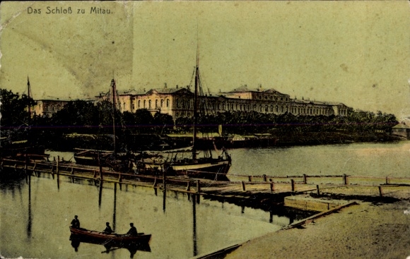 Ak Jelgava Mitau Lettland, Schloss zu  Fluss mit Booten, farbige 