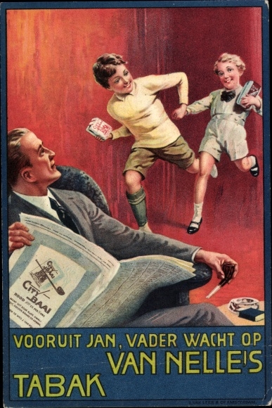 Künstler Ak Van Nelle's Tabak, City Baai, Reklame, Kinder, Vater mit Zeitung