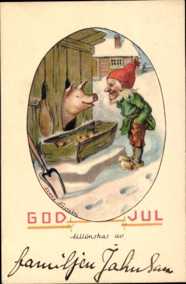 Künstler Ak Nyström, Jenny, Frohe Weihnachten, Zwerg, Schwein mit Futtertrog