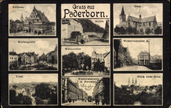Ak Paderborn in Nordrhein Westfalen, Westernstraße, Wassermühle, Marienplatz, Rathaus, Dom