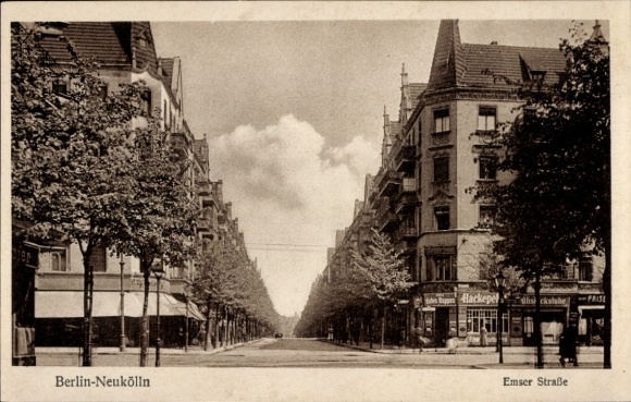 Ak Berlin Neukölln, Emser Straße, Geschäfte